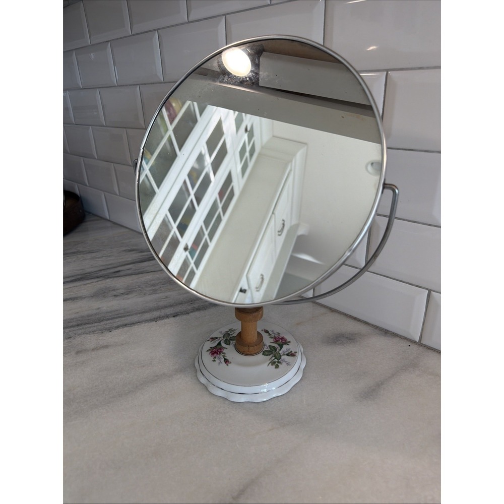 Antique Standing Two-Sided Mirror with Pink Roses Japan 10" Mirror PLA008